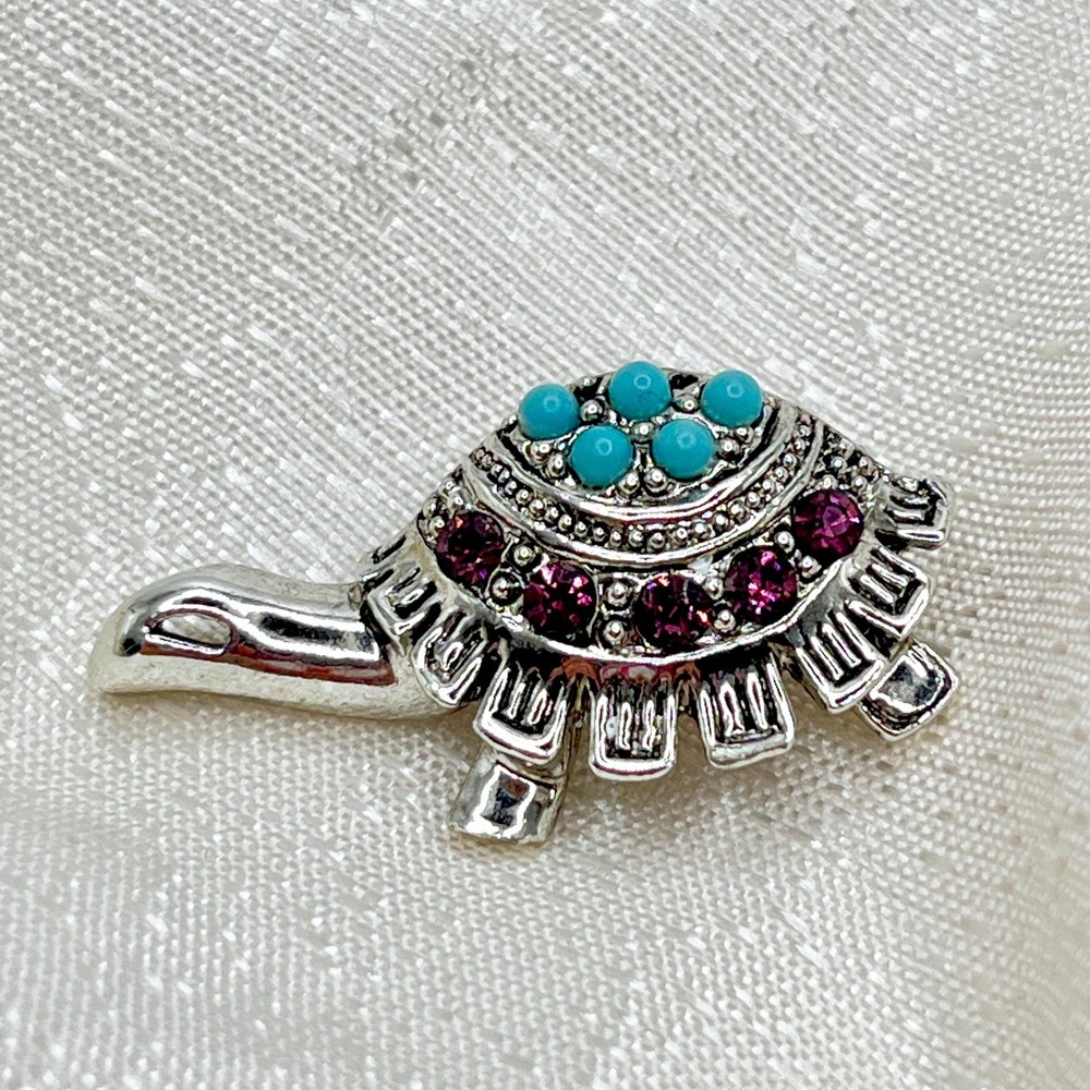 Vintage 0.75" Blue Bead & Purple Rhinestone Silver Tone Turtle Brooch